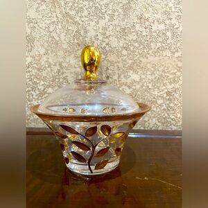 Due Zeta Italian Murano Venetian Glass Dish & Lid 24kt Gold Tree of Life